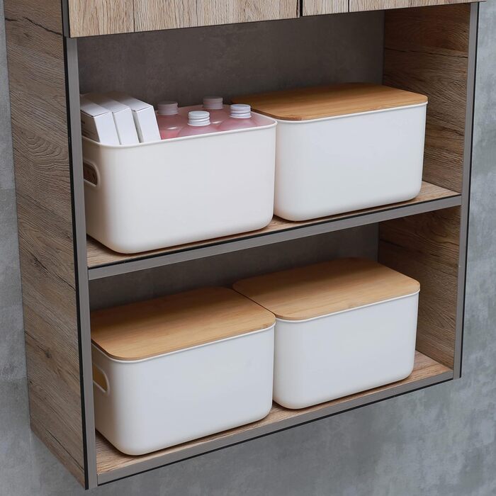 Kerhouze 2 PCS Storage Box with Bamboo Lid White Storage Plastic Box for Organization Stackable Storage Boxes with Handle for Kitchen Bathroom 38.4 * 27 * 15.2cm, 13L (2PACK 6.5L)