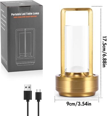 Торшер з торканням, бездротова LED лампа в стилі вінтаж, USB-зарядка, 3 кольори, регулювання яскравості, для спальні, офісу, вітальні, декор, подарунок (золотий)