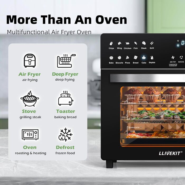 Електрична аерофритюрниця та міні-піч LLIVEKIT 26 л, 1700 Вт, 12 програм, з LED-дисплеєм, функціями попереднього нагріву, підтримки тепла та розігріву, з кулінарною книгою, чорна