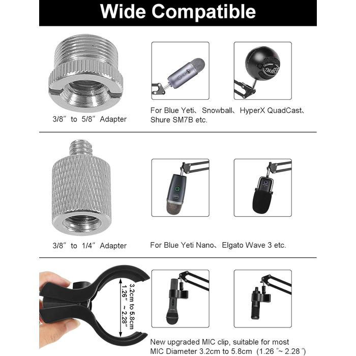 Тримач для мікрофона на подовжувачі, регульований кріплення для Blue Yeti, Yeti Nano, Elgato Wave, HyperX QuadCast, Fifine AM8 та інших мікрофонів, з різьбою 3/8' - 5/8' 1/4', поп-фільтр, кріплення для мікрофона