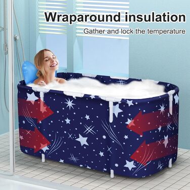 Foldable Bathtub for Adults, 132 x 68 x 47 cm, Steam Bucket for Sauna, Shower, and Ice Bath, Portable, Non-Inflatable (Blue) (Blue)