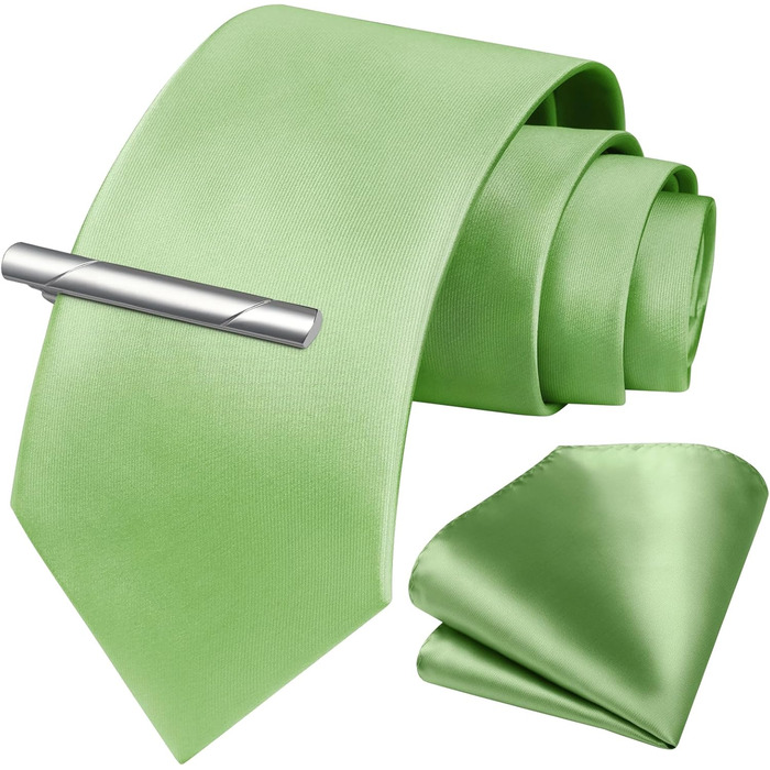 HISDERN Комплект краваток для чоловіків: краватка, нагрудна хустинка та краватки-кліпса. Класичний однотонний дизайн, світло-зелений, для святкових заходів та весіль.