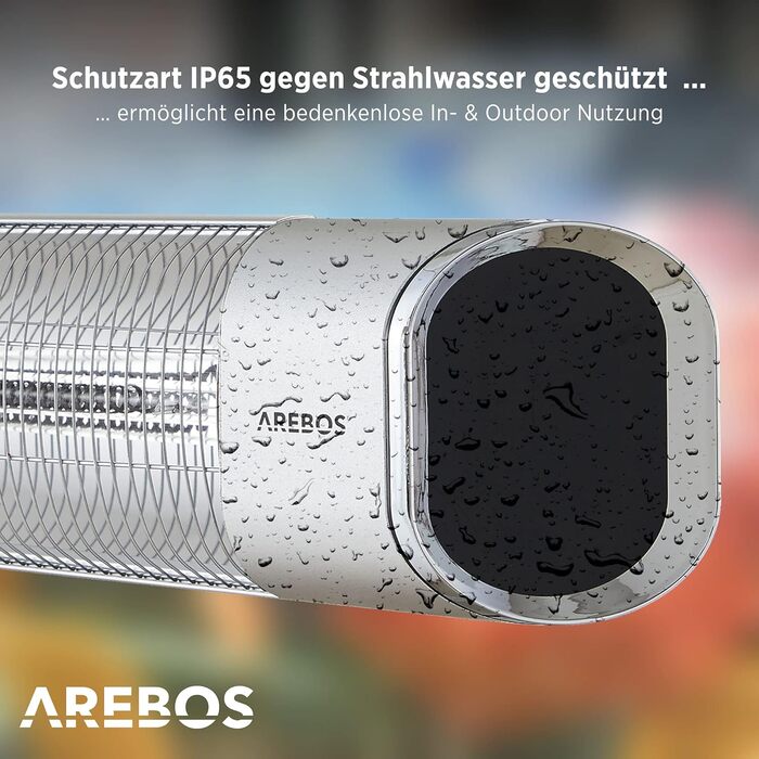 Інфрачервовий обігрівач Arebos 2000W з пульт дистанційного керування | 2 режими нагріву | кут нахилу 60° | комплект кріплення | обігрівач для тераси, даху, стелі | срібляний