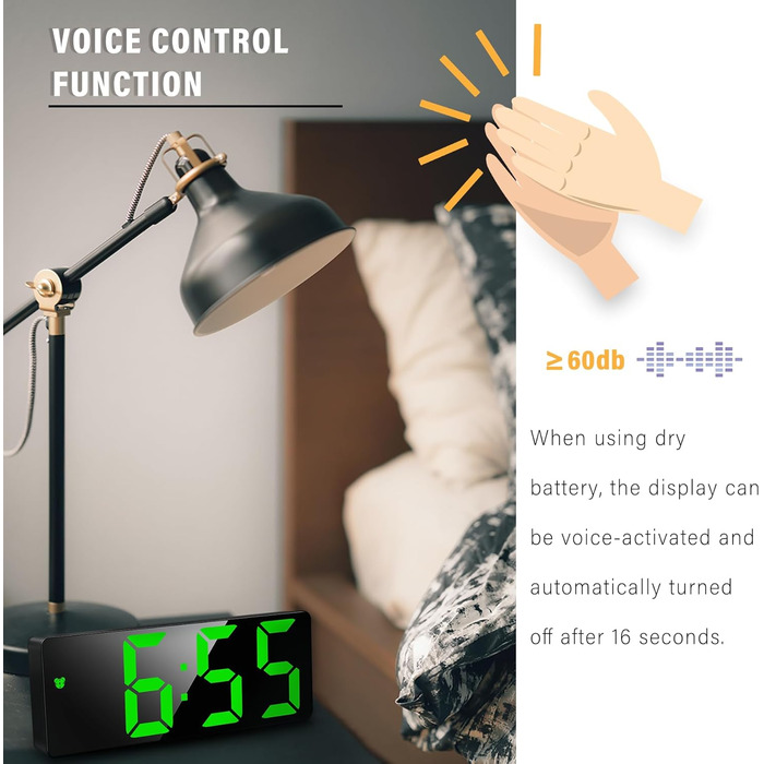 Електронний годинник-дзеркало JQGO з LED дисплеєм, USB-кабель, регулювання яскравості, показ температури, будильник, таймер, для спальні (чорно-зелений)