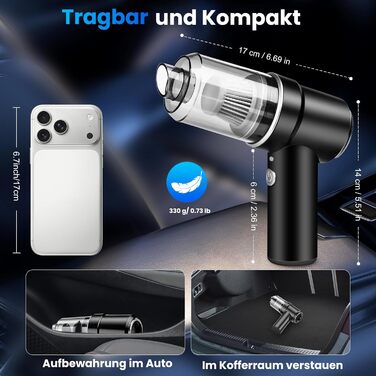 Автомобільний акумуляторний пилосос Handstaubsauger 12000Pa з HEPA-фільтром та LED підсвіткою для дому, авто, меблів, шерсті тварин