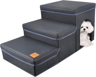 Dog Stairs 3 Steps, Pet Stairs Foldable for Sofa & Bed, Removable Pet Stairs Folding with Storage Box, Multifunctional Pet Ladder for Small Dogs Cats (Blue)