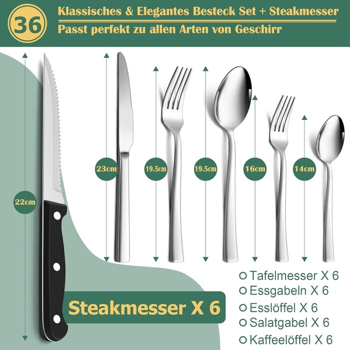 Cutlery Set for 6 People, HaWare 36-Piece Cutlery Set with Steak Knives, Stainless Steel Cutlery Set with Knife, Fork, and Spoon, Elegant Dinnerware Set for Home and Restaurant, Mirror Polished & Dishwasher Safe
