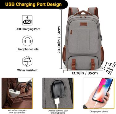 Tzowla Canvas Laptop Rucksack, Sailing Fabric Travel Backpack, Unisex Travel Bag, Work Backpack for 15.6 inch Laptop, Book Bag with USB Charging Port, (17.3 inch, Khaki)