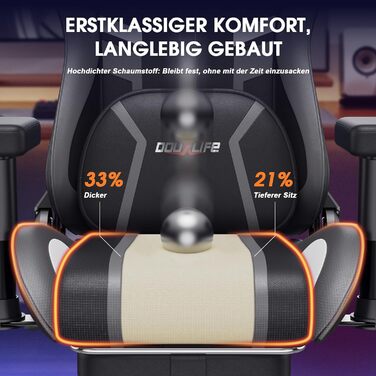 Ігровий крісло Douxlife з масажем та підігрівом, ергономічний офісний крісло з підніжкою, регулювання 90°-175°, підлокітники 2D, для геймерів, 181 кг, сірий