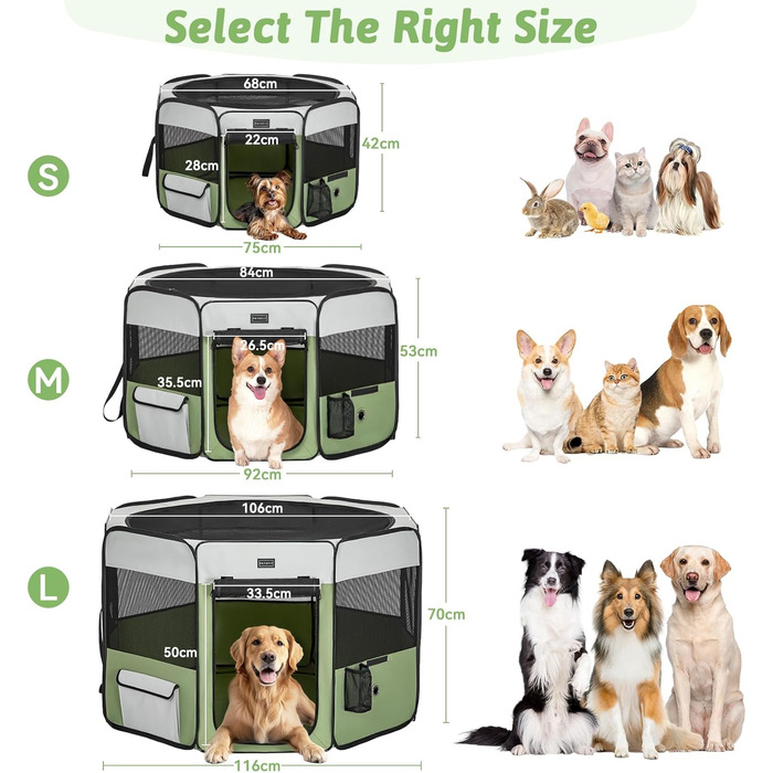 PETSFIT Розкладний вольєр для цуценят та дрібних тварин, вольєр для собак, котів, сірий/зелений, 92x84x53 см