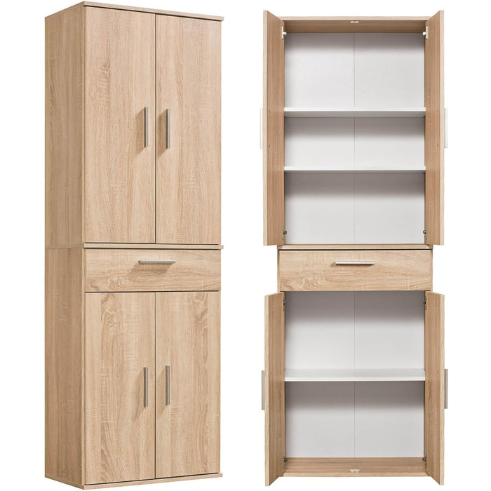 Multipurpose cabinet 60cm wide with drawers 'The Practical', small office cabinet or filing cabinet, also as a shoe cabinet or storage cabinet in 60x90x34 cm (W/H/D) in White (Height 180CM, Sonoma Oak -69)