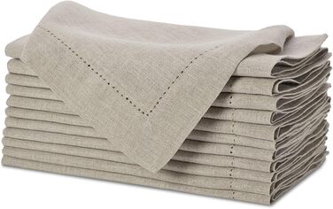 Sweet Needle Linen Napkins, Set of 12, Hemstitch Napkins, Natural Colors, 50x50cm, 100% European Washable Linen Napkins. Ideal for kitchen, Christmas, wedding, restaurant, and everyday use.