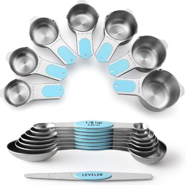 Spring Chef Magnetic Measuring Cups & Spoons Set (Patented), Strong Magnets, Durable Stainless Steel, Fits Spice Jars for Baking & Cooking, BPA-Free, Round, 15-Piece Set with Leveler, Aqua