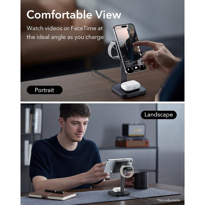 Зарядний станція 3-в-1 ESR MagSafe для Apple Watch та iPhone, білий/чорний, сумісна з iPhone 17/16/15/14/13/12, Apple Watch 9/8/7/6/5/4/3/2/SE та AirPods 4/3/2/Pro