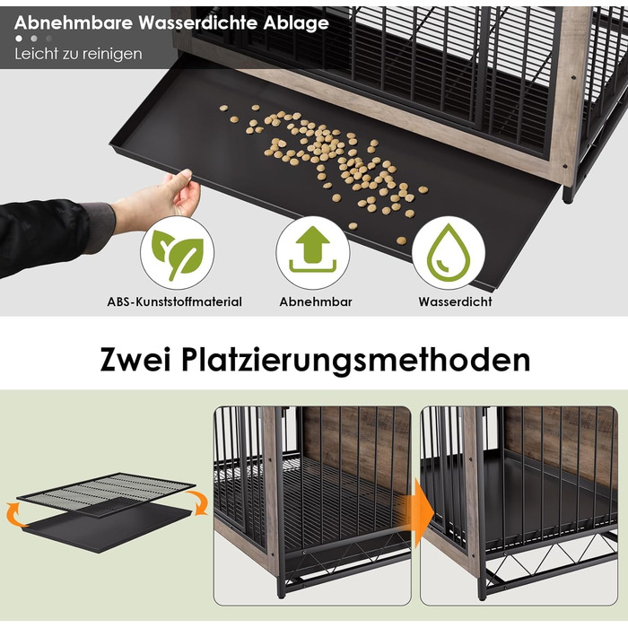 Дерев'яна собача будка/переноска для дому, 93x64x58 см, з піддоном та мисками, для собак середніх та маленьких порід (до 40 кг), білий/сірий колір