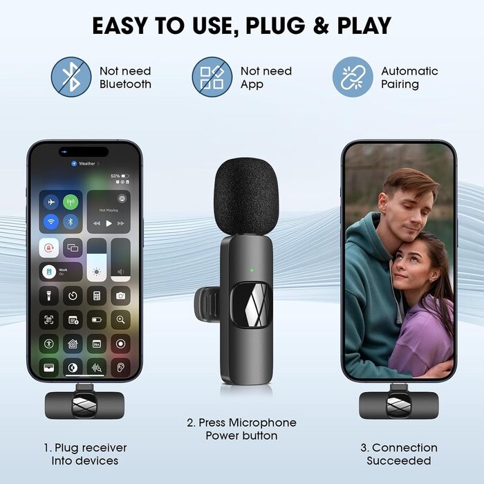 Беспроводной петличный микрофон HMKCH для телефона/iPhone/компьютера, USB-C, для видеоблогинга, TikTok, YouTube, с шумоподавлением, Plug-and-Play, K1CLU