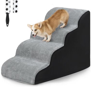 LIANTRAL Dog Stairs, 3 Steps Dog Stairs for Bed and Sofa made of High-Density Sponge, Cat Stairs Dog Ramp with Removable, Washable Cover and Pet Hair Remover Roller, 40 cm High (4 Steps Grey & Black)