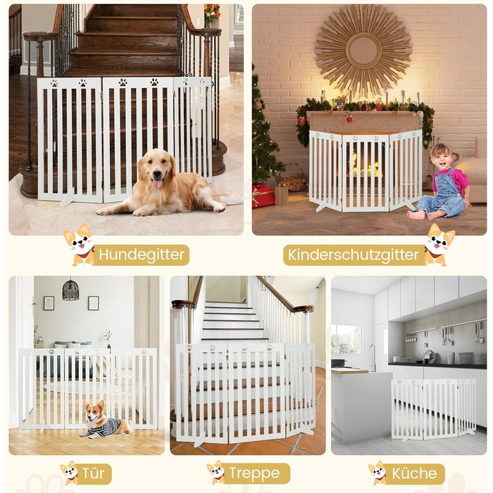 Захисний бар'єр для собак Costway 89 см, дерев'яне огорожа, дитяче ворота, розкладне, для захисту сходів, гнучкий бар'єр (3 панелі, білий)