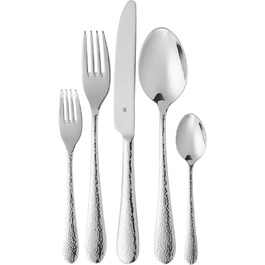 WMF Sitello Cutlery Set, 6 Persons, Cromargan, 30-Piece Dinner Cutlery Set, Monobloc Knives, Cromargan Stainless Steel Polished, Hammered, Ergonomic, Glossy, Dishwasher-Safe, Silver