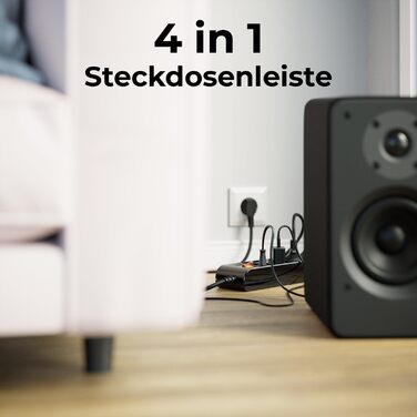 Мережевий фільтр DeleyCON з 4 розетками, індивідуальне вмикання/вимикання, 1.4м кабель, з захистом від дотику, чорний