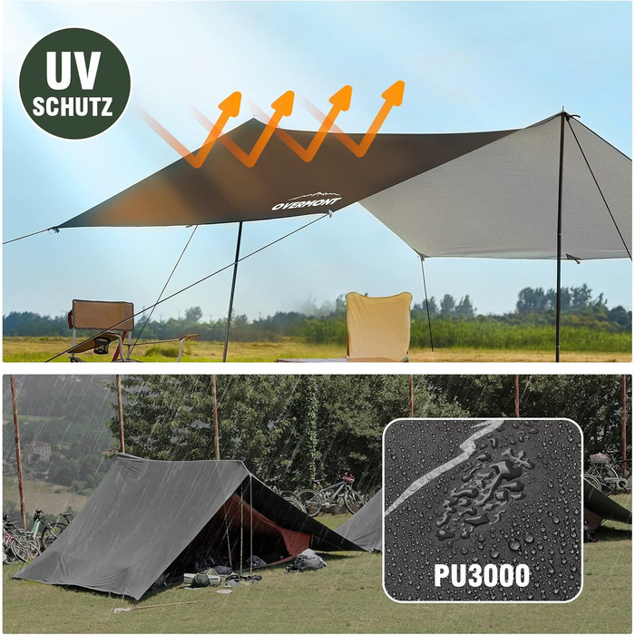 Намет Overmont 3x3м, Тент, Сонячний Павільйон з 6 кілочками та 6 мотузками. Захист від сонця для гамака, відпочинку на природі, подорожей та пікніків (Чорний)