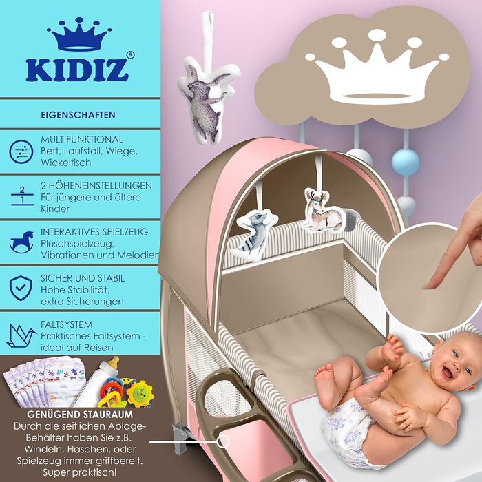 KIDIZ® 3-in-1 Baby Cot Travel Bed Combo Set Baby Bed with Changing Pad, Mosquito Net, Playard, from Birth up to 15 kg, Airy Side Walls with Side Entrance, Carry Bag, Foldable, Pink/Beige Pink / Beige