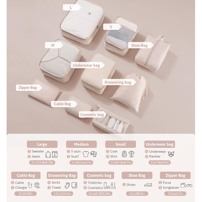 Органайзер для валізи Meowoo, 8-кількість, набір кубиків для пакування, для подорожей та бізнесу, з кишенями для одягу, для зберігання багажу, система організації (Бежевий-9шт)