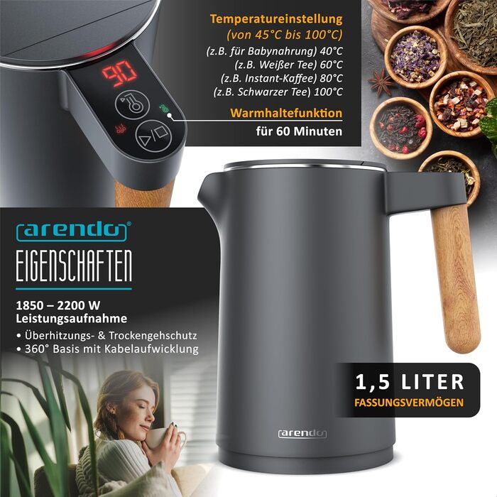 Набір Arendo: Електричний чайник з регулюванням температури та тостер з сенсорним дисплеєм (2 слоти) - нержавіюча сталь, сірий