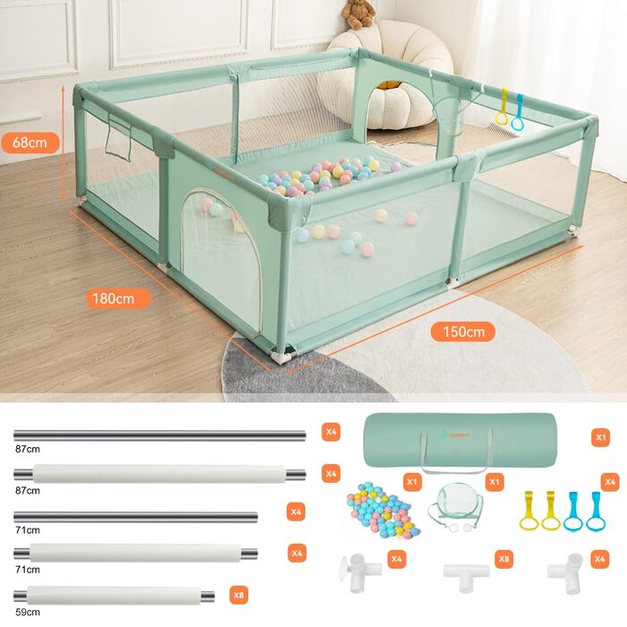 COMOMY Playpen Baby, 150x180x66cm Playard Baby Large XXL Safety Play Area Protective Fence for Children with Soft Net, Non-Slip Oxford Bottom, Balls, Mini Baskets, and 4 Pull Rings 150x180x66cm Dark Green