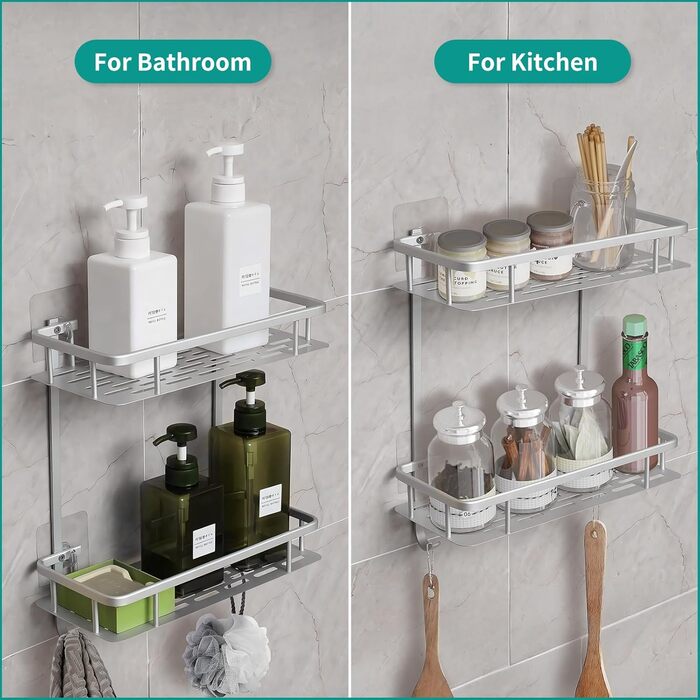 Hawsam Badregal Caddy, Aluminum Shower Caddy with 2 Tiers, Adhesive Storage Basket for Shampoo, etc., No Drilling Required, HA170103BS-01-UKFBA