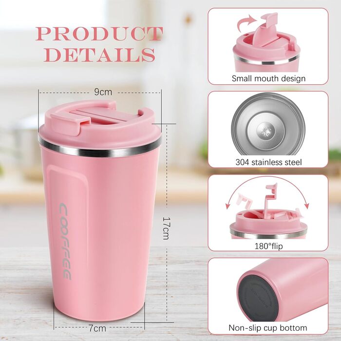 Термокружка Flintronic 510 мл з подвійними стінками, з нержавіючої сталі, з кришкою, для кави та чаю (рожевий)
