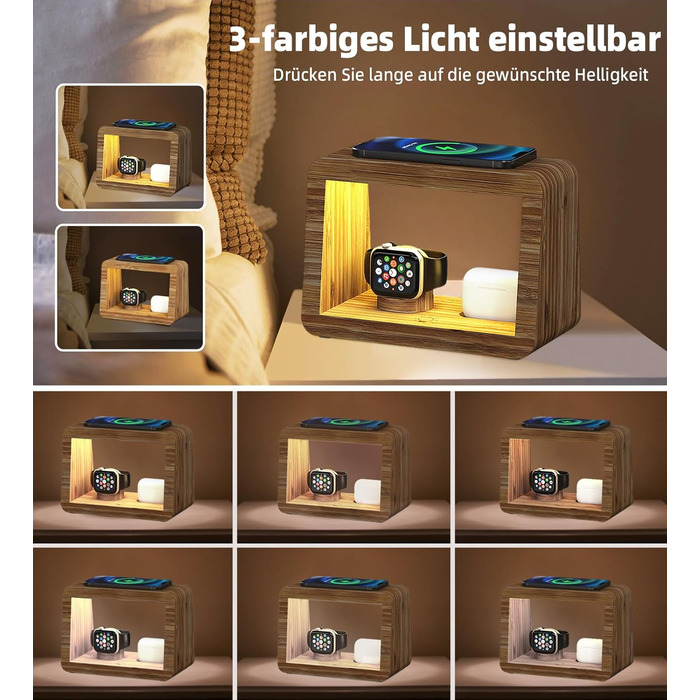 Багатофункціональна заряджна станція 5-в-1 з бездротовим зарядним пристроєм, світлодіодним нічником та годинником, бамбукова, сумісна з Apple Watch, AirPods, Samsung Galaxy та іншими пристроями