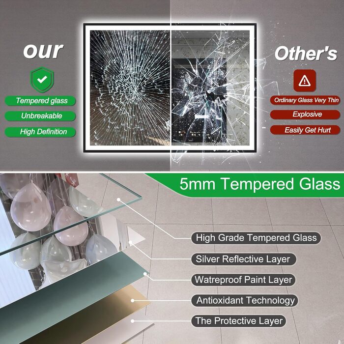 Дзеркало для ванної кімнати S'bagno з підсвічуванням 100x70 см, 5x збільшення, LED, рамка з алюмінію, протитуманне покриття, 3 кольори, диммування, функція пам'яті, HD скло, IP44, Bluetooth (чорна рамка)