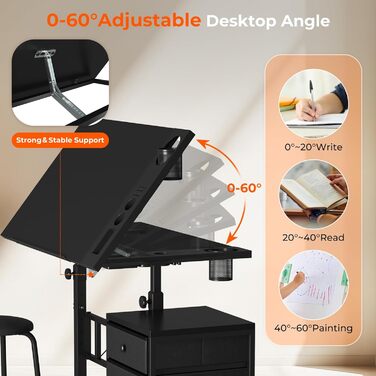 Adjustable Drafting Table with Tilt & Height - Drawing & Computer Desk with Stool & Storage - Wood Finish (Black + Storage Cabinet)