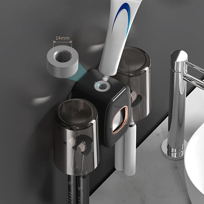 Настінний тримач для зубних щіток з автоматичним дозатором пасти, електричний для 4 щіток, 2 стаканчики, без свердління (чорний)
