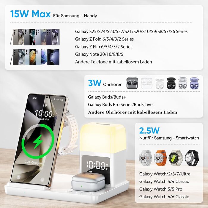 База для бездротової зарядки 6-в-1 з годинником та нічником для Samsung Galaxy | 15W, Qi, LED, для Galaxy S25, S24, Z Fold6, Flip, Note, Watch, Buds