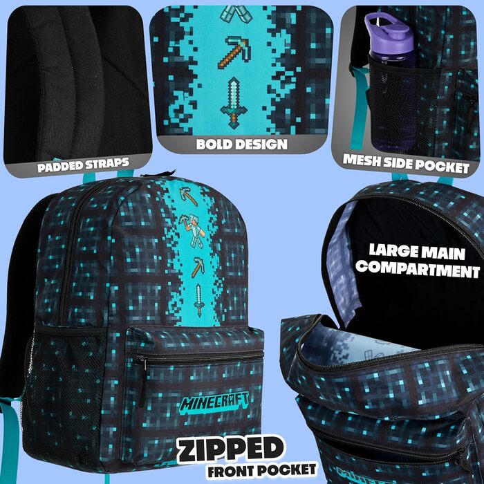 Рюкзак Minecraft для дітей, шкільний ранець з сітчастою кишенею та м'якими лямками - подарунок для хлопчиків, блакитний
