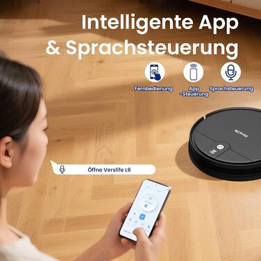 Робот-пилосос VersLife L6 з функцією миття, 4000Pa, керування через додаток, Alexa, до 120 хвилин роботи, ультратонкий дизайн, для шерсті тварин, килимів та твердих підлог, чорний