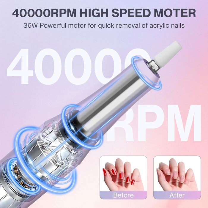 Електрична нігтьова фрезерна машинка для манікюру та педикюру, 40000 об/хв, LCD дисплей, професійний набір, фіолетовий