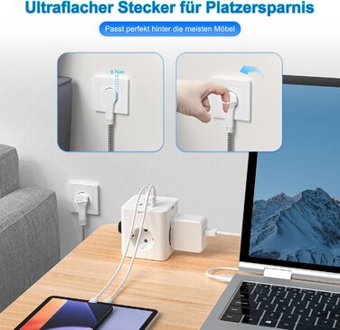 Блок розеток з USB-C, 4 розетки, плоский штекер, індивідуальне вмикання, сплетене кабель 2м для офісу, дому, подорожей - білий