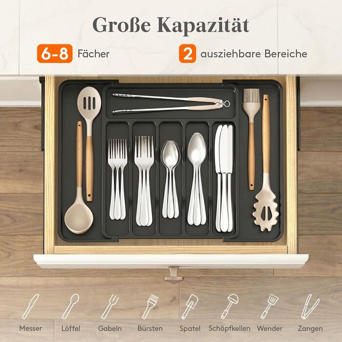 Органайзер для столових приборів Lifewit в шухляду, розсувний, чорний, 6-8 відділень, 35-49 см