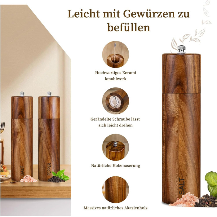 Набір з 2 дерев'яних мельниць для солі та перцю, ручні, 20 см, з регульованим керамічним жорном, для солі та перцю, у подарунковій коробці