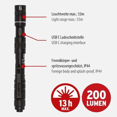 Акумуляторний LED ліхтар Brennenstuhl LuxPremium TL 210 AF з яскравим світлодіодом Osram, 200 лм, до 13 годин роботи, дальність 55 м, захист IP44 від пилу та бризок, ручний ліхтар