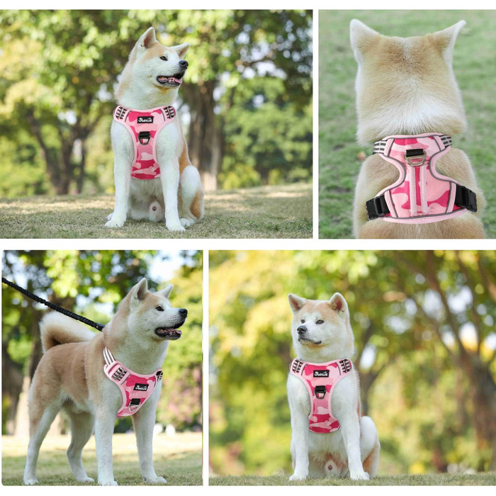 Нашийник для собак великих порід, шлейка з двома карабінами та зручною ручкою, регульована та світловідбиваюча, для щоденних тренувань (L), камуфляж рожевий