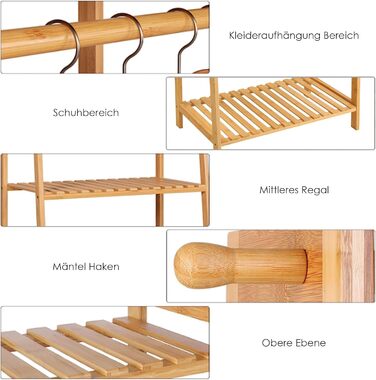 FOREHILL Clothes Rack with Shelves Coat Rack Bamboo Clothes Rail with Anti-Tip Device for Clothes Shoe Shelf Bags 164x70x42cm