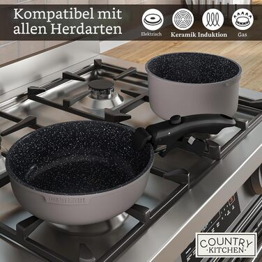 Набір посуду Country Kitchen (16 предметів): каструлі та сковороди з антипригарним покриттям, знімні Soft-Touch ручки, для дому та кемпінгу, підходять для духовки, сірий