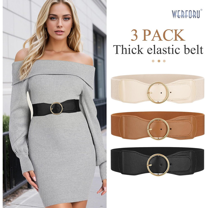 Еластичний пояс для жінок WERFORU 3 шт. Широкий ремінь для сукні, чорний+коричневий+бежевий, розмір M (73-82 см)