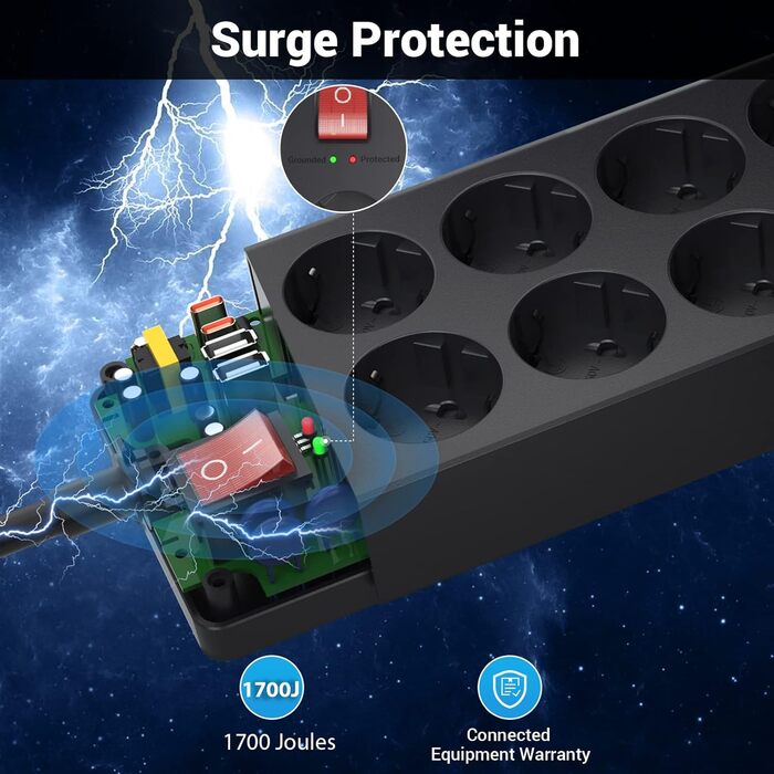 Мережевий фільтр із захистом від перенапруги 10 розеток, USB-C, з вимикачем, 4 USB-порти, 1,5м, чорний (12 розеток)