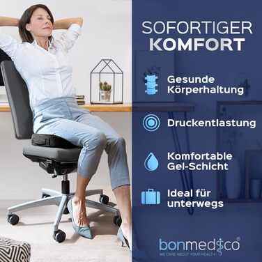 Ортопедична подушка для сидіння Bonmedico з Memory Foam Gel - для авто, офісу, інвалідного візка. Чорний велюр (Стандарт)