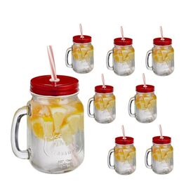 Relaxdays Set of 8 Drinking Glasses with Lids - Red